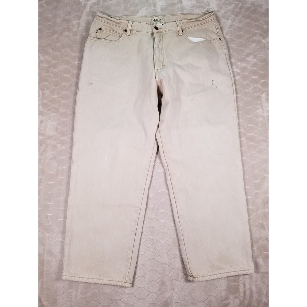 L.L. Bean Mens Fleece Lined Jeans Beige Denim STAINED Tag 40x29 Fits 38x27 Look